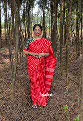 Spicy Red - Surabhi - Khadi Silk Stripes Thread Weaving Pattern with Double Blouse Combo - Best for Office Wear