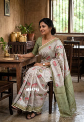Pastel pista green - Roopa - Lightweight semi tussar Divine Lotus Prints with Kattam Body and Temple Border - Best for Office Wear | Get together | Casual Wear