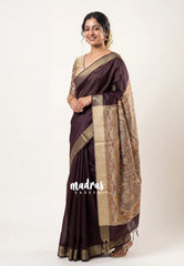 Brown - Roopa - Premium Chappa semi tussar with Madhubani art pallu