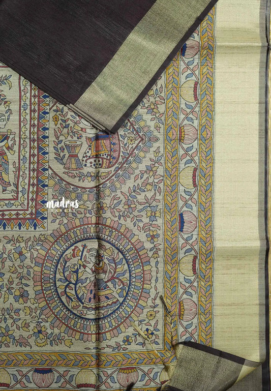 Dark brown - Roopa - Premium Chappa semi tussar with Madhubani art pallu