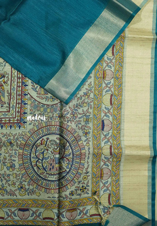 Teal green - Roopa - Premium Chappa semi tussar with Madhubani art pallu