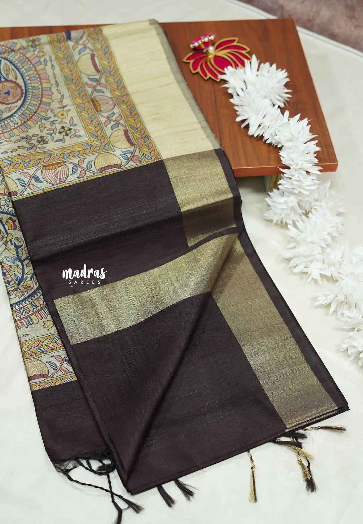 Dark brown - Roopa - Premium Chappa semi tussar with Madhubani art pallu
