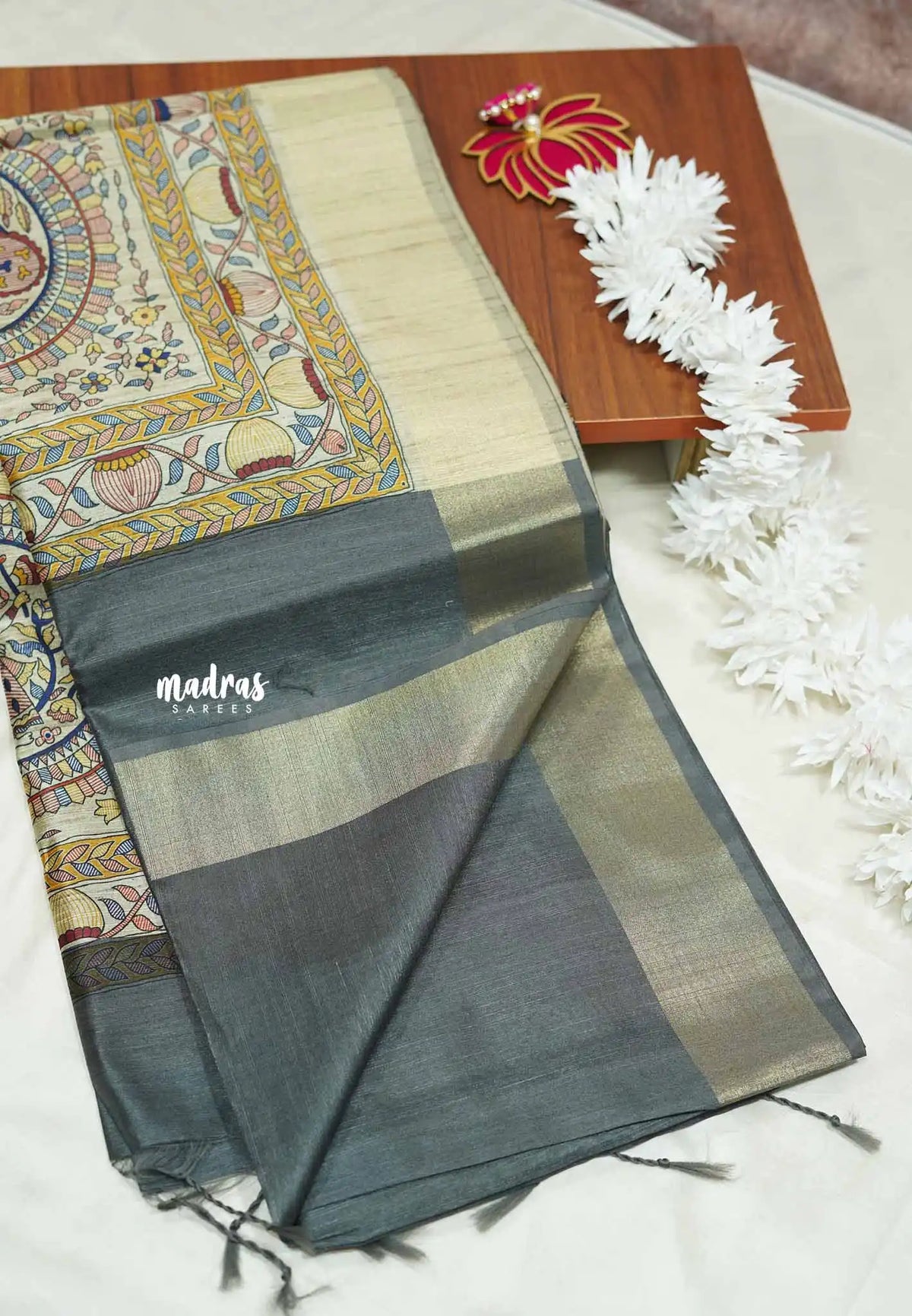 Grey - Roopa - Premium Chappa semi tussar with Madhubani art pallu
