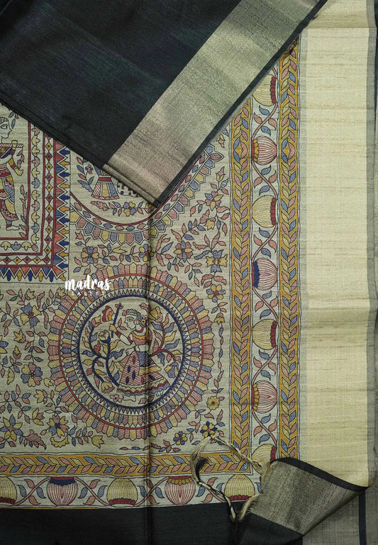 Black - Roopa - Premium Chappa semi tussar with Madhubani art pallu