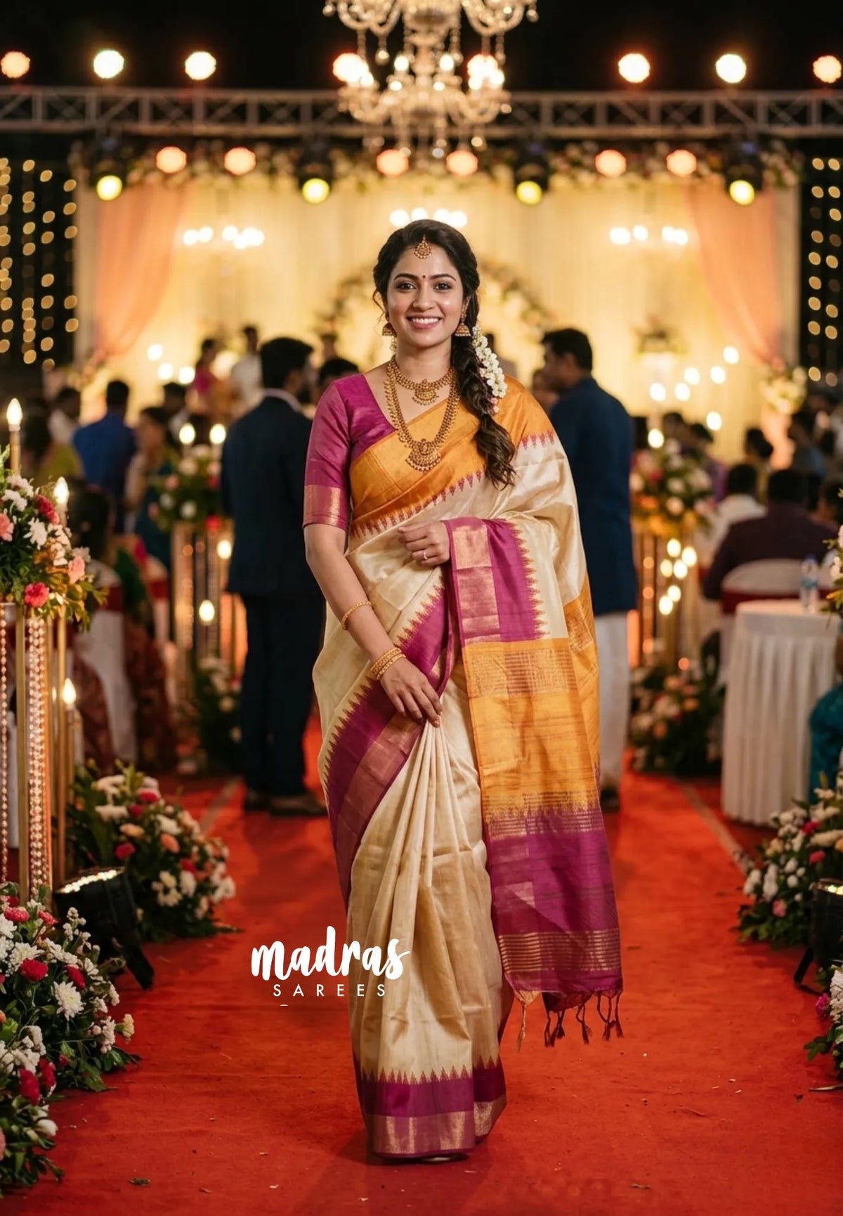 Sandal Beige with Pink - Roopa - Premium Chappa semi Tussar with Ganga Jamuna Border -  Perfect for Small Functions