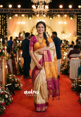 Sandal Beige with Pink - Roopa - Premium Chappa semi Tussar with Ganga Jamuna Border -  Perfect for Small Functions