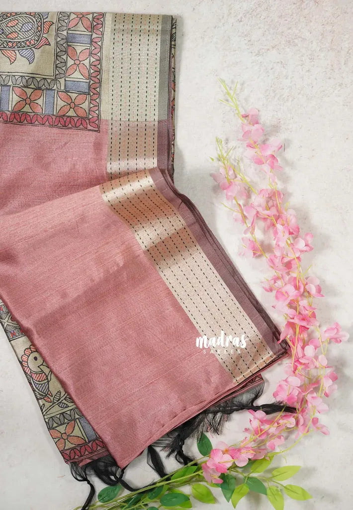 Muted Rosewood Pink - Roopa - Premium Chappa semi Tussar with Kantha Stich Border -  Perfect for Small Functions