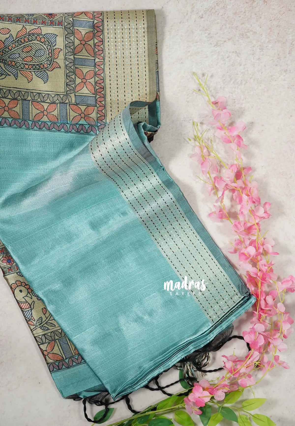 Muted Aqua Blue - Roopa - Premium Chappa semi Tussar with Kantha Stich Border -  Perfect for Small Functions