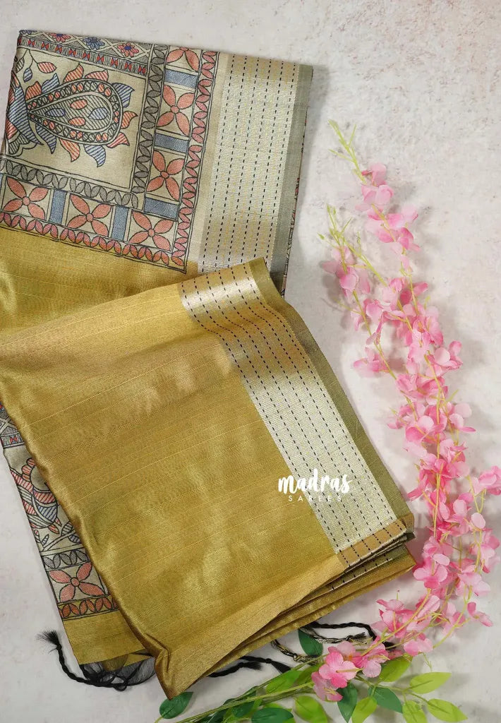 Muted Mustard - Roopa - Premium Chappa semi Tussar with Kantha Stich Border -  Perfect for Small Functions