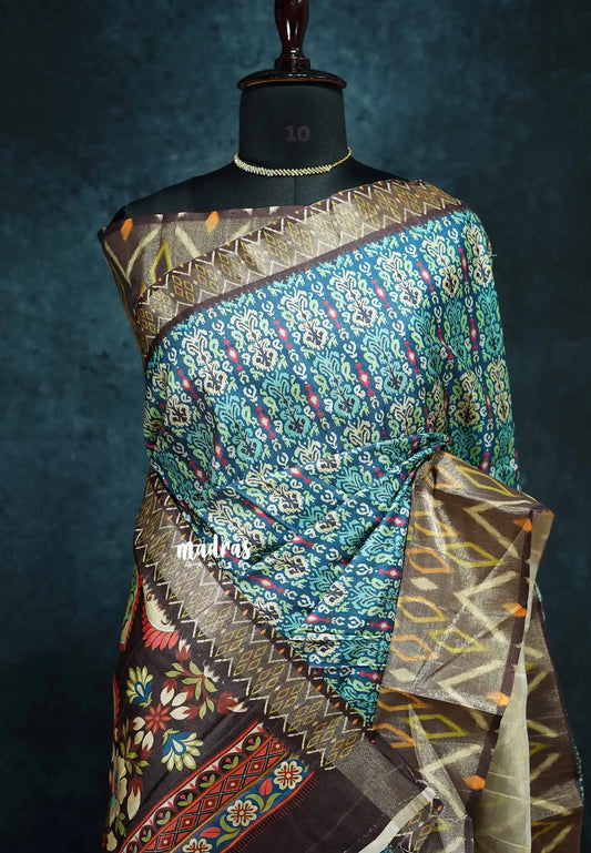 Peacock blue shades - Roopa - Lightweight semi tussar with digital prints ikkat tissue border