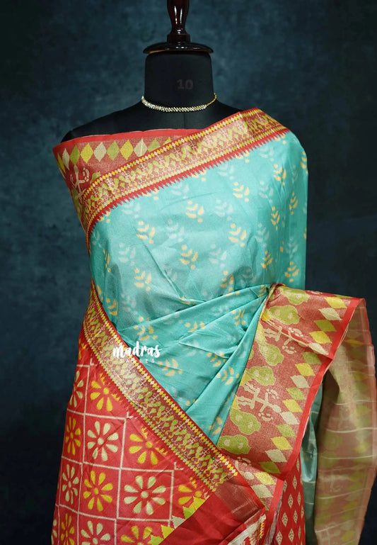 Sea blue - Roopa - Lightweight semi tussar with digital prints ikkat tissue border
