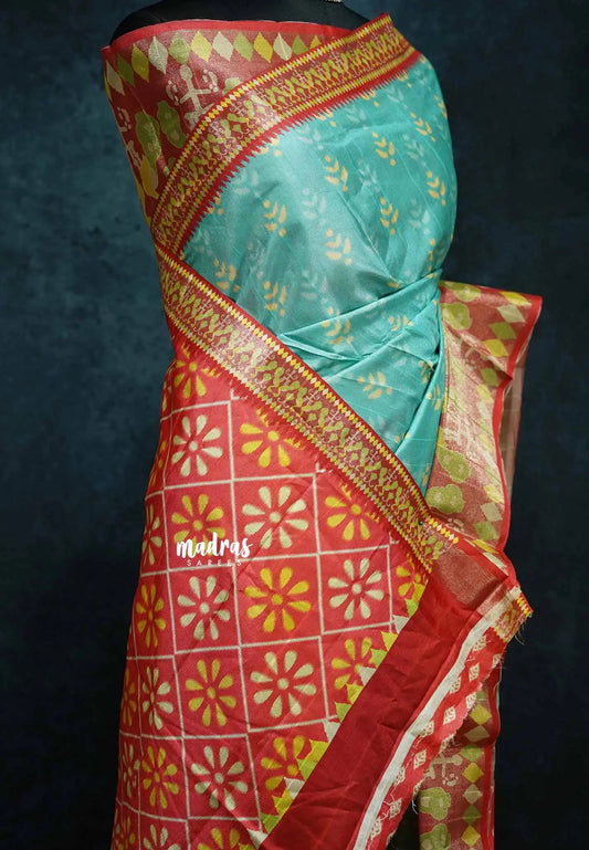 Sea blue - Roopa - Lightweight semi tussar with digital prints ikkat tissue border