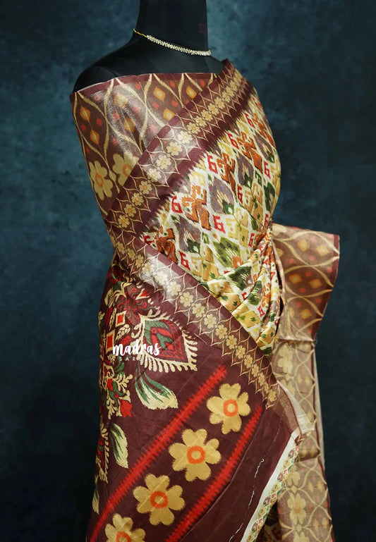 Brown shades - Roopa - Lightweight semi tussar with digital prints ikkat tissue border