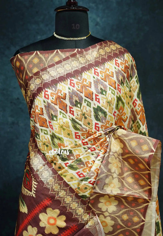 Brown shades - Roopa - Lightweight semi tussar with digital prints ikkat tissue border