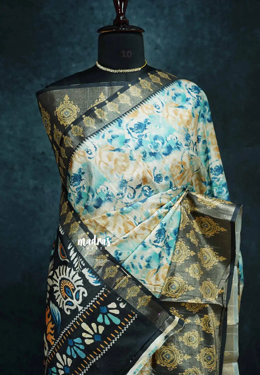 Multicolor Floral - Roopa - Lightweight semi tussar with digital prints ikkat tissue border