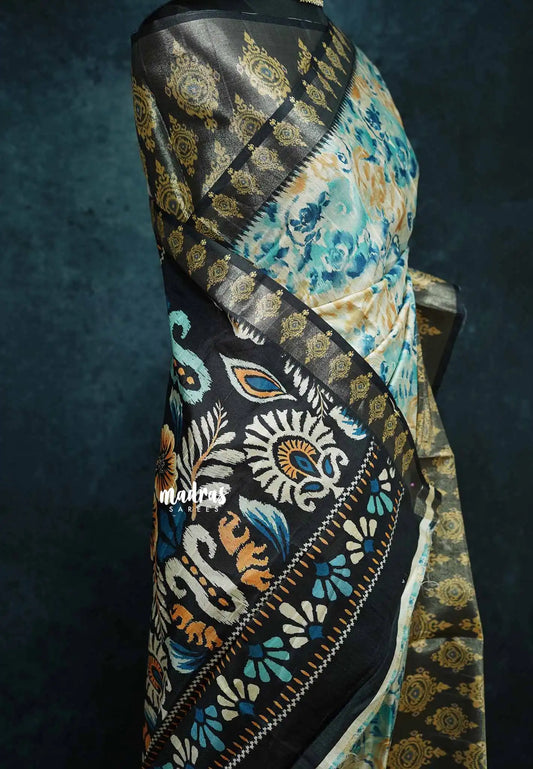 Multicolor Floral - Roopa - Lightweight semi tussar with digital prints ikkat tissue border