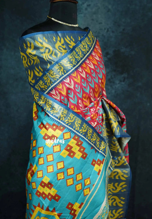 Pink - Roopa - Lightweight semi tussar with digital prints ikkat tissue border