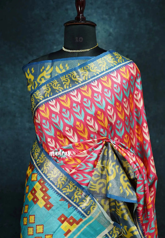 Pink - Roopa - Lightweight semi tussar with digital prints ikkat tissue border