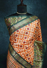 Orange - Roopa - Lightweight semi tussar with digital prints ikkat tissue border