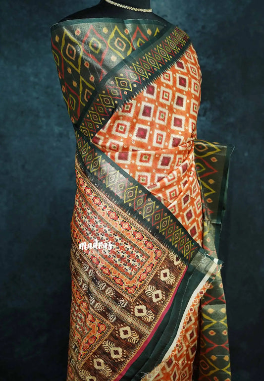 Orange - Roopa - Lightweight semi tussar with digital prints ikkat tissue border