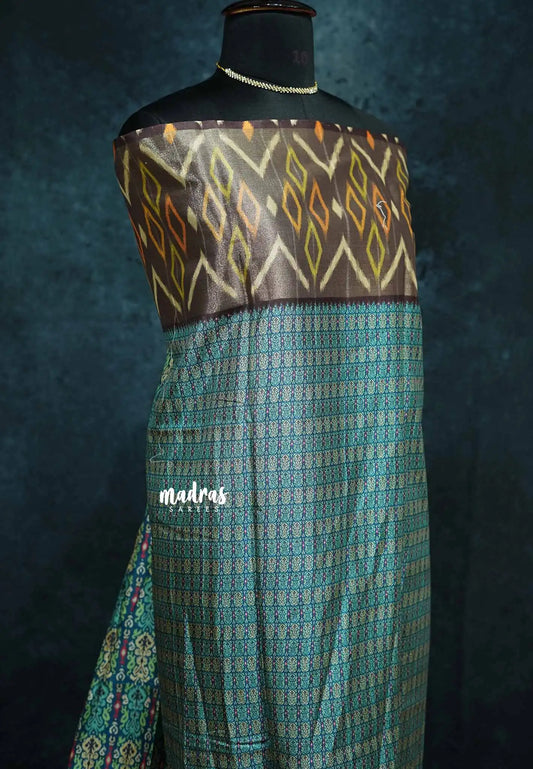 Peacock blue shades - Roopa - Lightweight semi tussar with digital prints ikkat tissue border