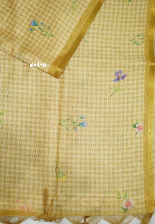 Roopa - Premium Gicha semi tussar floral prints and checks body tissue border - Golden yellow