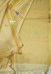 Roopa - Premium Gicha semi tussar floral prints and checks body tissue border - Golden yellow