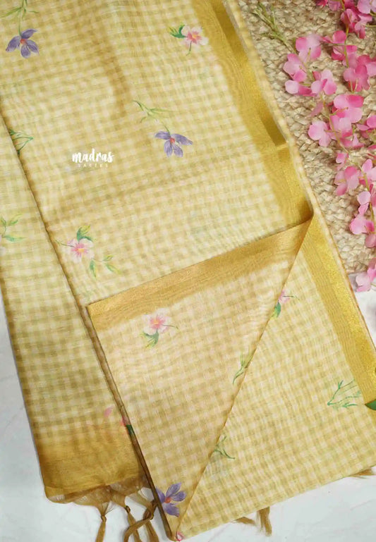 Roopa - Premium Gicha semi tussar floral prints and checks body tissue border - Golden yellow