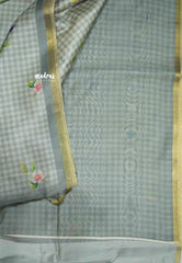 Roopa - Premium Gicha semi tussar floral prints and checks body tissue border - Grey