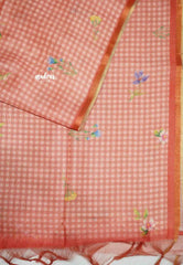 Roopa - Premium Gicha semi tussar floral prints and checks body tissue border - Peach