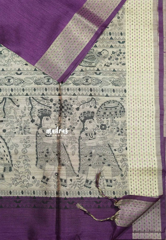 Purple - Roopa - Premium Chappa semi tussar with kantha stitch Madhubani art pallu
