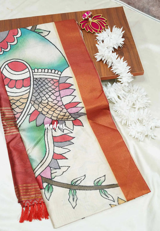 Halfwhite with red - Roopa - Premium Chappa semi tussar kalamkari prints with tissue border