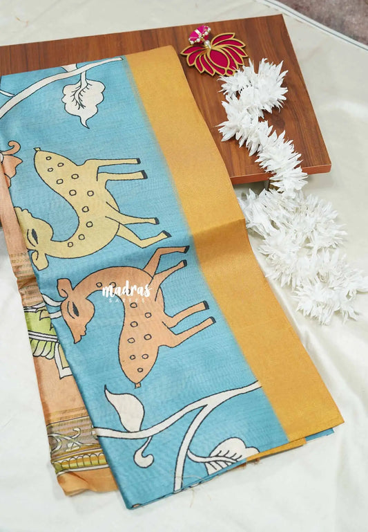Light blue - Roopa - Premium Chappa semi tussar kalamkari prints with tissue border