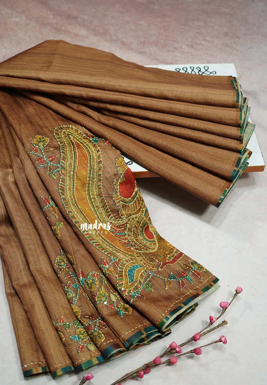 Caramel Cloud - Roopa - Tussar silk with kalamkari prints hand stitched embroidery