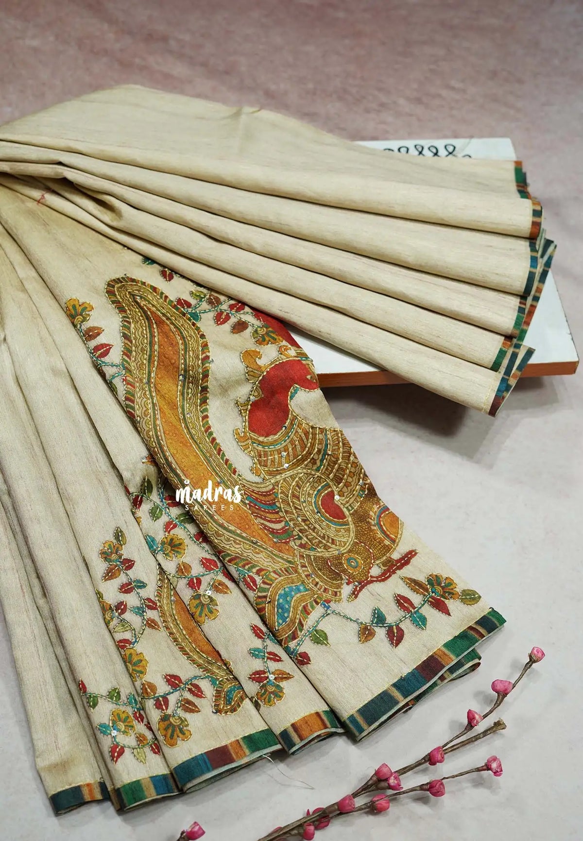 Beige - Roopa - Tussar silk with kalamkari prints hand stitched embroidery
