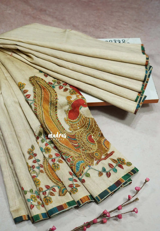 Beige - Roopa - Tussar silk with kalamkari prints hand stitched embroidery