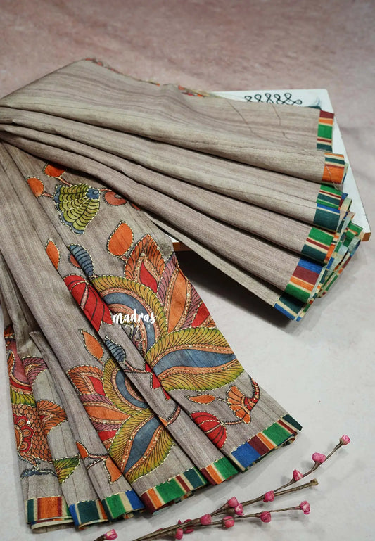 Pastel Ash - Roopa - Tussar silk with kalamkari prints hand stitched embroidery