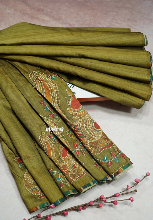 Olive Green - Roopa - Tussar silk with kalamkari prints hand stitched embroidery