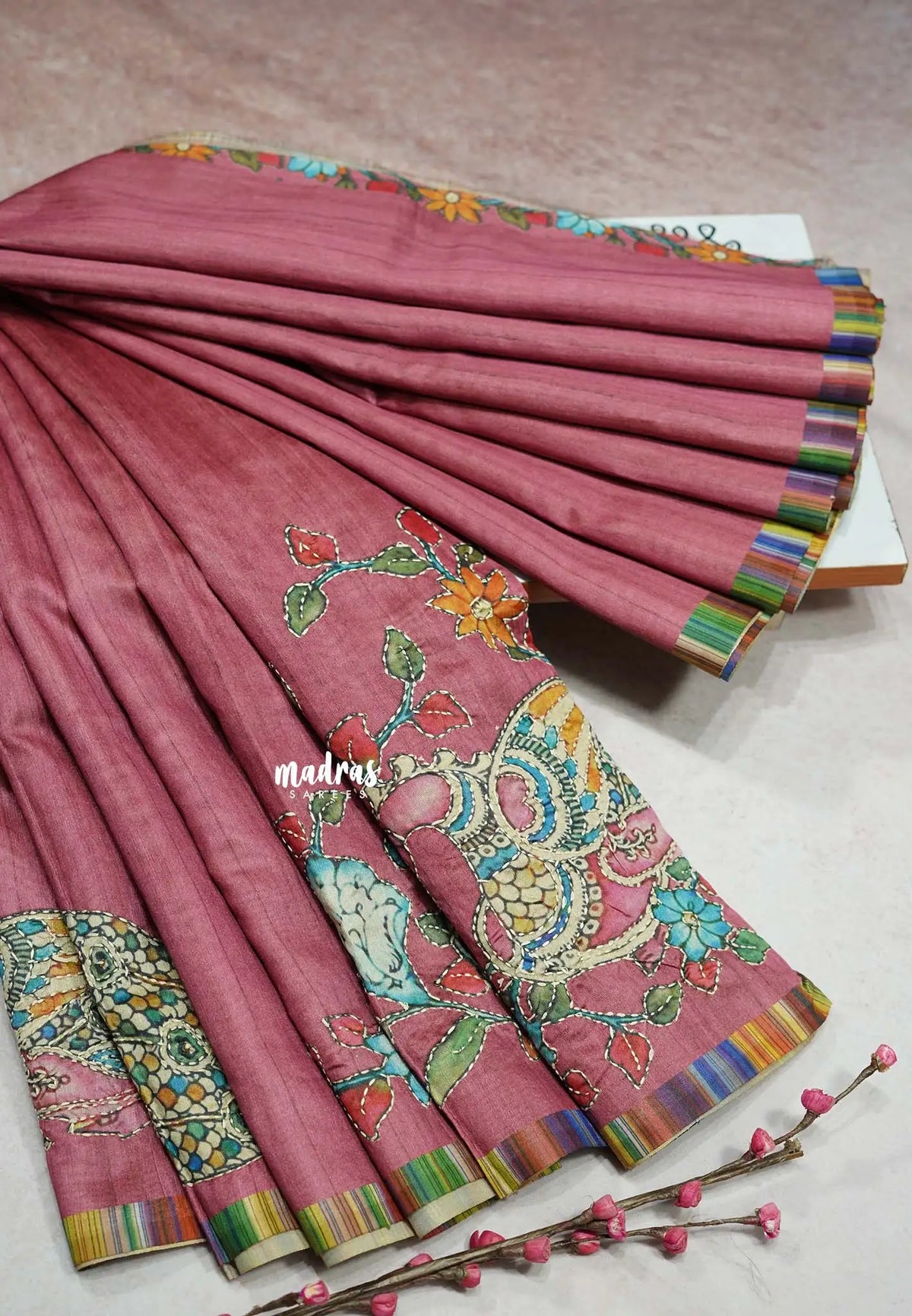 Rosewood Dust - Roopa - Tussar silk with kalamkari prints hand stitched embroidery