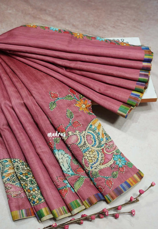 Rosewood Dust - Roopa - Tussar silk with kalamkari prints hand stitched embroidery