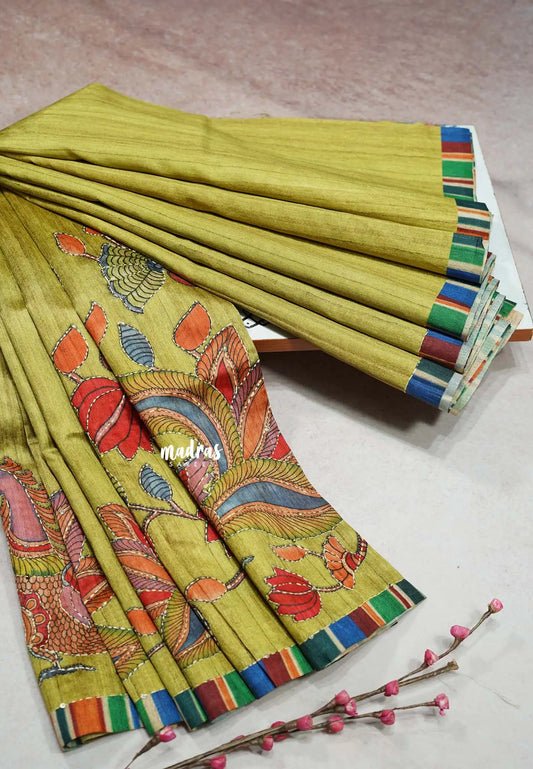 Lime Mist - Roopa - Tussar silk with kalamkari prints hand stitched embroidery