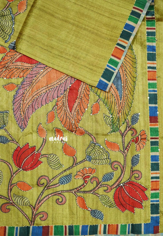 Lime Mist - Roopa - Tussar silk with kalamkari prints hand stitched embroidery