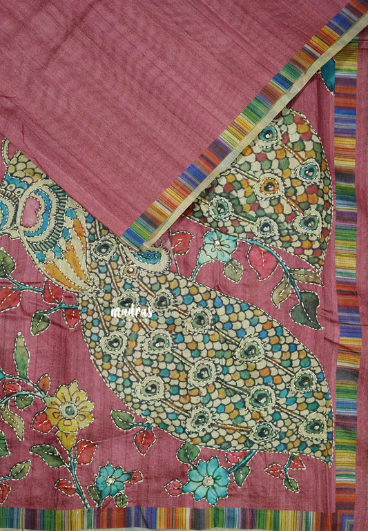 Rosewood Dust - Roopa - Tussar silk with kalamkari prints hand stitched embroidery