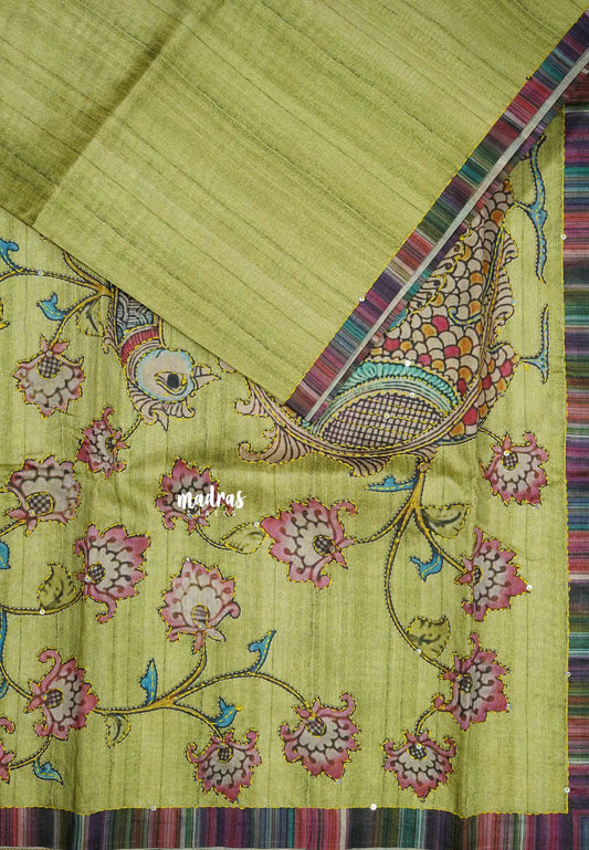 Chutney Green - Roopa - Tussar silk with kalamkari prints hand stitched embroidery