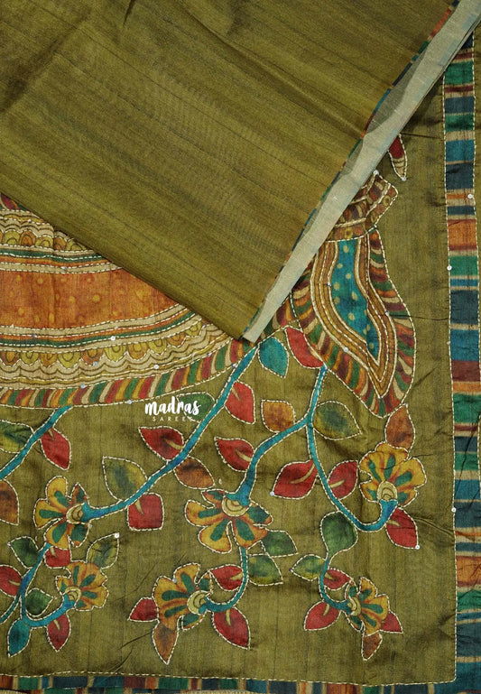 Olive Green - Roopa - Tussar silk with kalamkari prints hand stitched embroidery