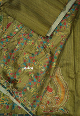 Olive Green - Roopa - Tussar silk with kalamkari prints hand stitched embroidery