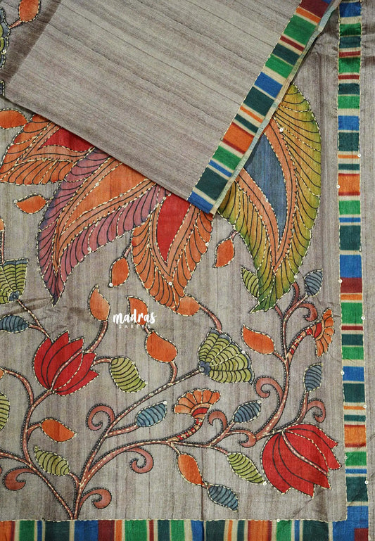 Pastel Ash - Roopa - Tussar silk with kalamkari prints hand stitched embroidery