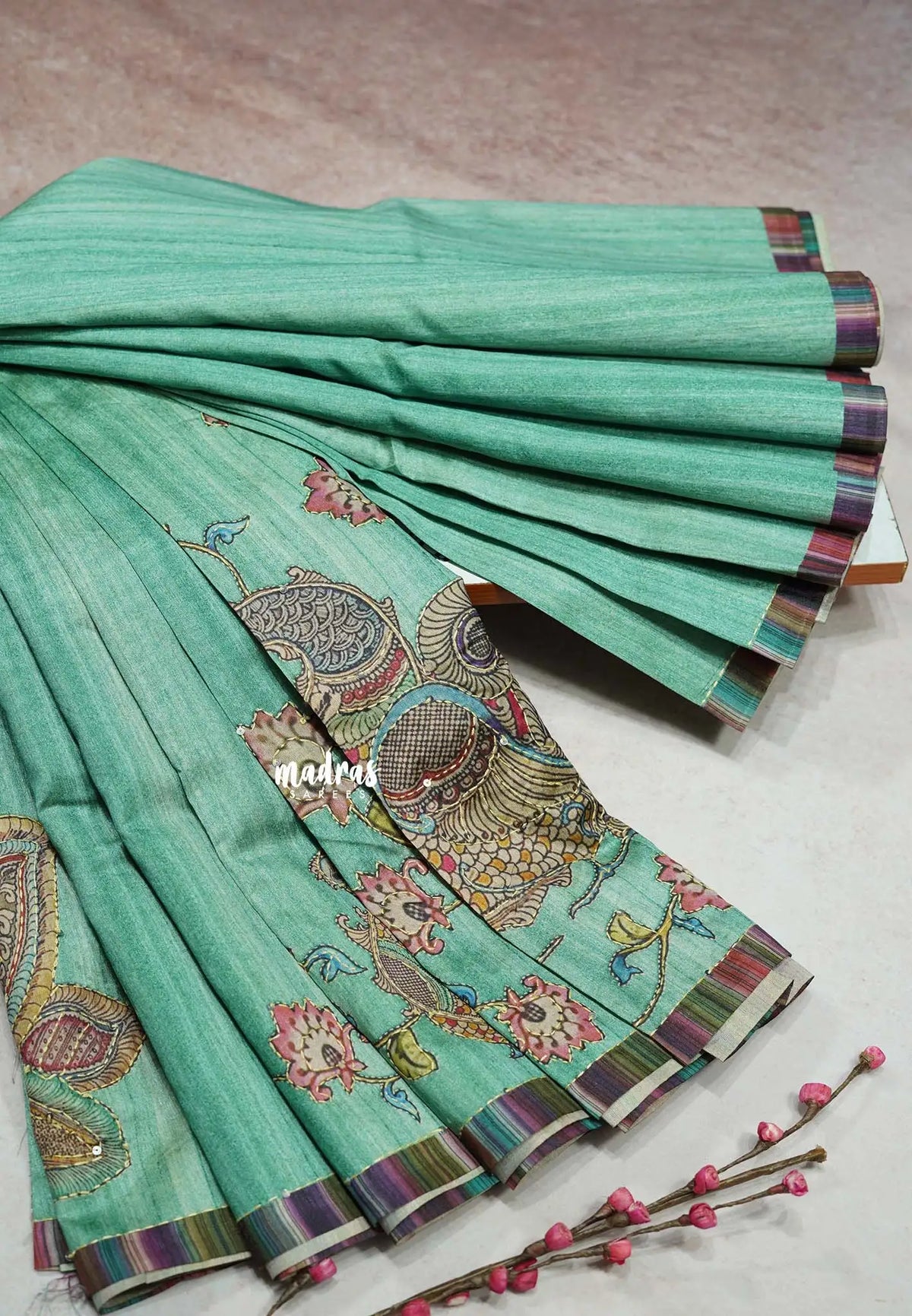 Pista Green - Roopa - Tussar silk with kalamkari prints hand stitched embroidery