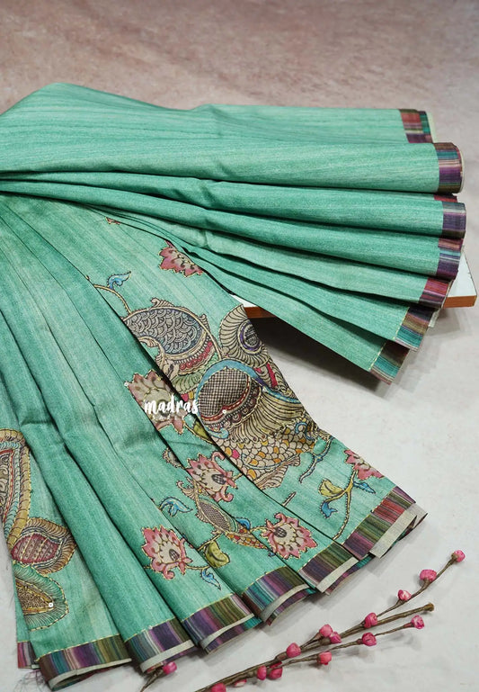 Pista Green - Roopa - Tussar silk with kalamkari prints hand stitched embroidery