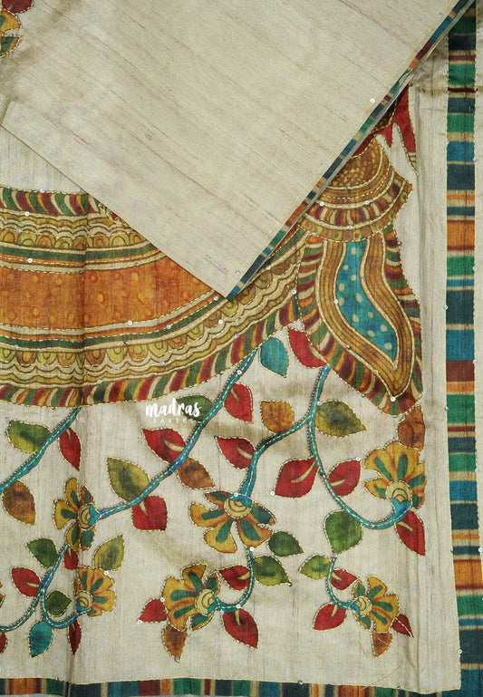 Beige - Roopa - Tussar silk with kalamkari prints hand stitched embroidery